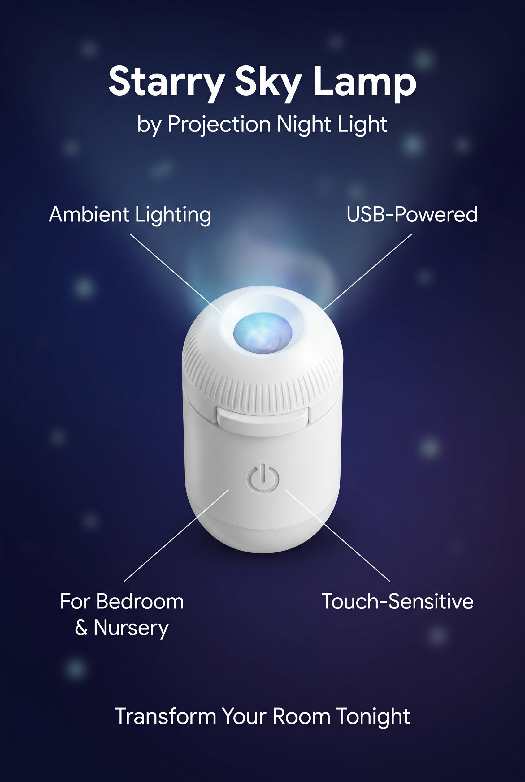 Projection Night Light - USB Powered Starry Sky Lamp for Bedroom Nursery Ambient Lighting